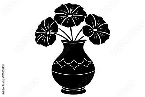 Petunia vase vector linocut silhouette black vector art illustration