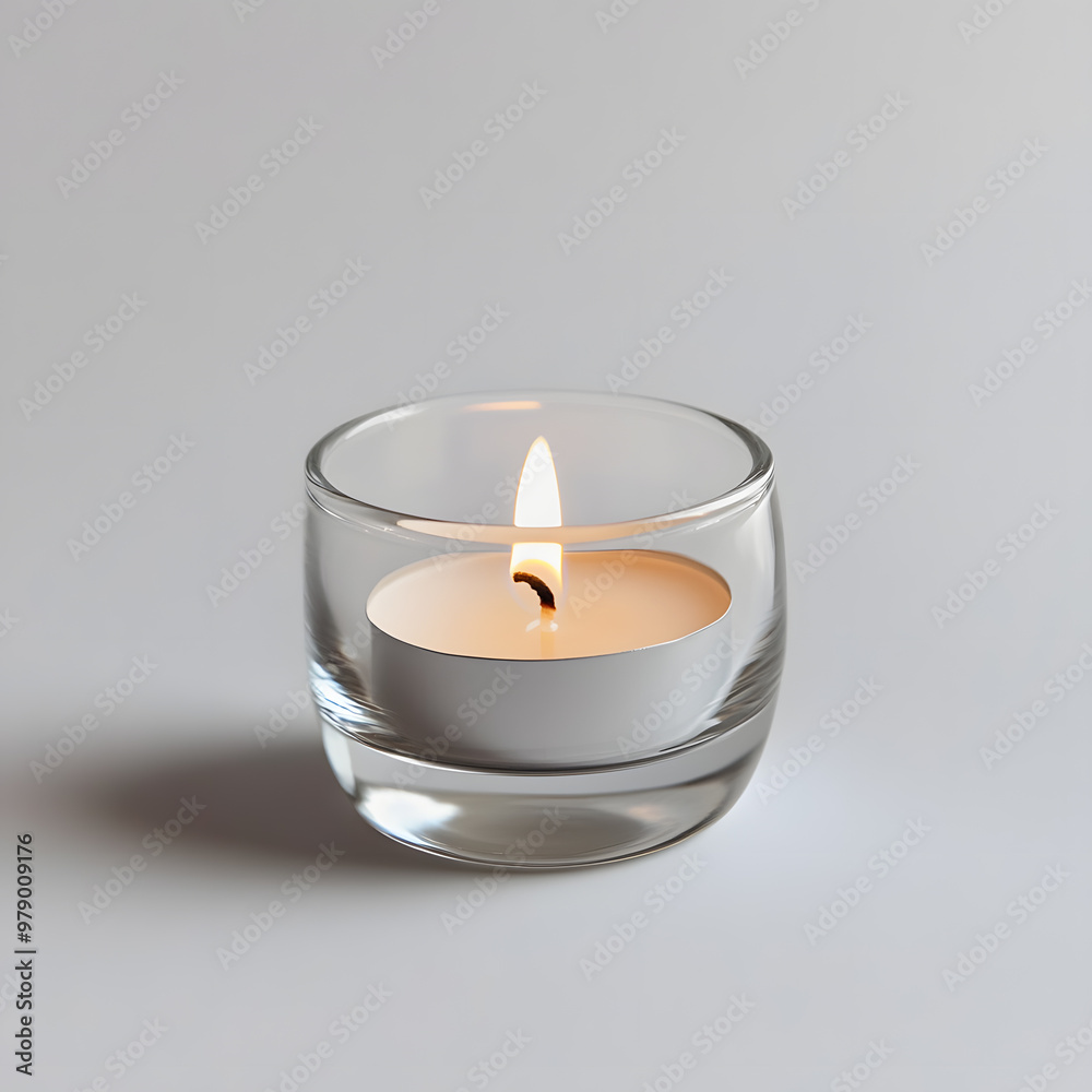 Small white candle burning inside a clear glass holder mock up isolated on white background Small white candle burning inside a clear glass holder mock up isolated on white background