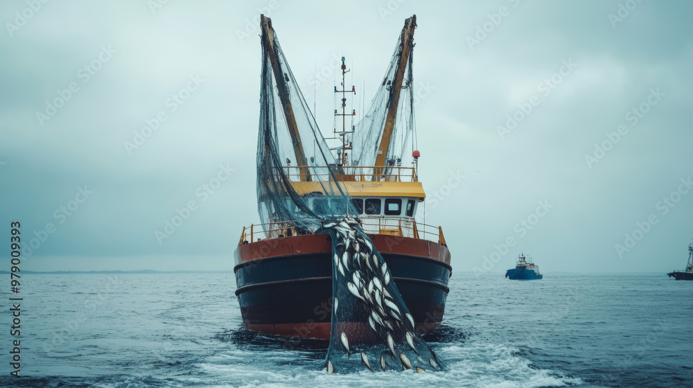 Obraz premium A fishing trawler pulls in a large net overflowing with fish in open waters, illustrating commercial fishing operations and maritime industry.
