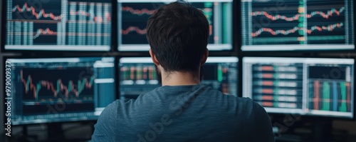 Focused trader analyzing stock market trends on multiple screens with graphs and data in an office environment.