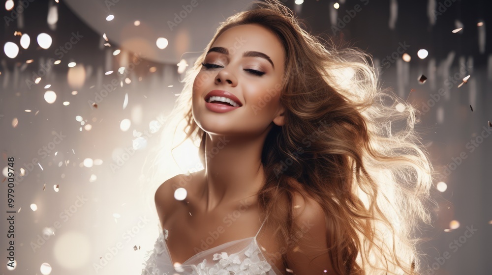 Beautiful happy woman at celebration party with confetti falling everywhere on her. Neural network ai generated art Beautiful happy woman at celebration party with confetti falling everywhere on her. Neural network ai generated art
