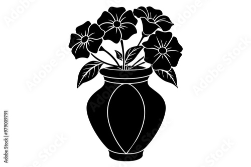 Petunia vase vector linocut silhouette black vector art illustration