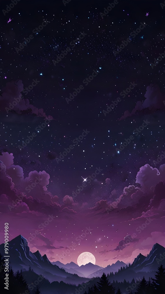 Purple gradient mystical moonlight sky with clouds and stars phone background wallpaper Purple gradient mystical moonlight sky with clouds and stars phone background wallpaper