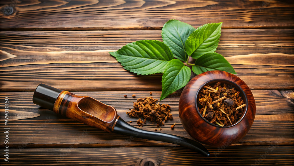 Smoking pipe with tobacco leaves on wooden background, smoking, pipe, tobacco, leaves, wooden, background, rustic Smoking pipe with tobacco leaves on wooden background, smoking, pipe, tobacco, leaves, wooden, background, rustic