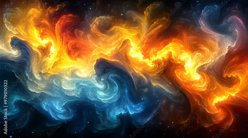 A vibrant swirl of cosmic colors showcasing beautiful hues of blue, orange, and yellow in a mesmerizing abstract galaxy. A vibrant swirl of cosmic colors showcasing beautiful hues of blue, orange, and yellow in a mesmerizing abstract galaxy.