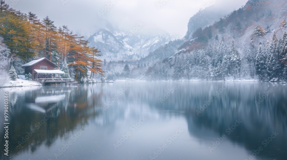 Naklejka premium Serene Winter Landscape with a Cabin by the Lake