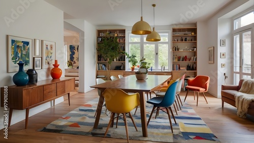 mid century scandinavian interior design of modern dining room 