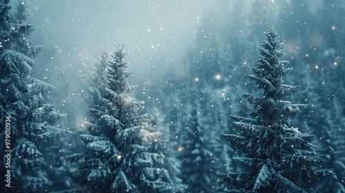 Snow-covered pine trees with twinkling lights,