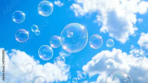 Close-up of soap bubbles floating over a fluffy, cloud-like surface against a bright blue sky with a few clouds.