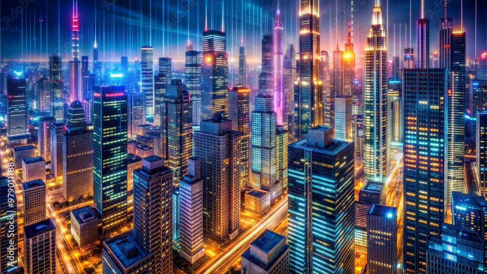 Fototapeta premium Vibrant city nightlife illuminated skyscrapers glow abstract patterns 