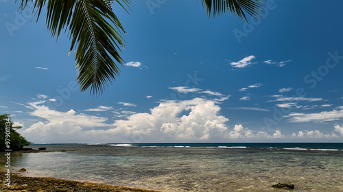 Aerial view of tropical island with pristine beach and lush palm trees, Sataoauta, Samoa. photo