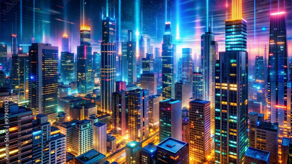 Vibrant city nightlife illuminated skyscrapers glow abstract patterns Vibrant city nightlife illuminated skyscrapers glow abstract patterns