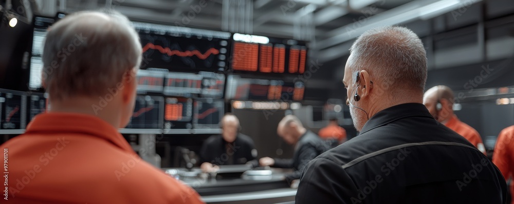 Team members analyze data in a modern control room, showcasing collaboration and technology. Team members analyze data in a modern control room, showcasing collaboration and technology.