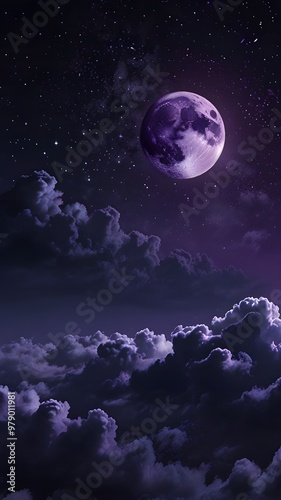 Purple gradient mystical moonlight sky with clouds and stars phone background wallpaper