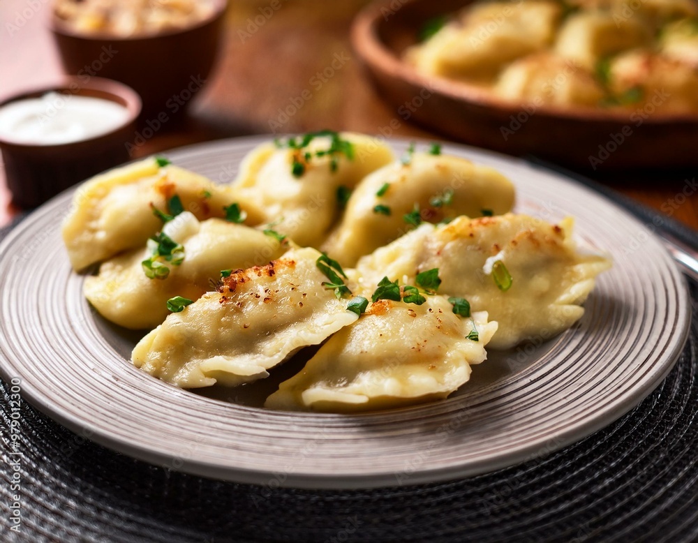 Close-up of a plate of traditional Polish pierogi filled with cheese and potatoes, garnished - traditional polish food Close-up of a plate of traditional Polish pierogi filled with cheese and potatoes, garnished - traditional polish food