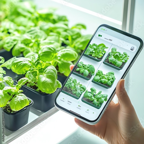 Digital app controlling the temperature and humidity of a hydroponic garden, smart agriculture, food tech innovation