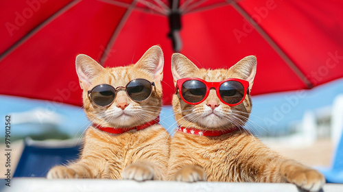 Two stylish orange cats under a red umbrella