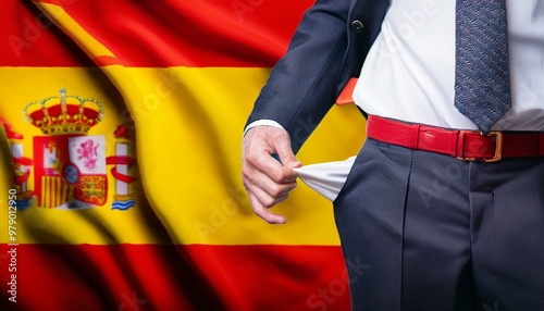 Close-up of a hand in a suit showing an empty pair of trousers in front of the spain flag. Topic Crisis and unemployment in spain