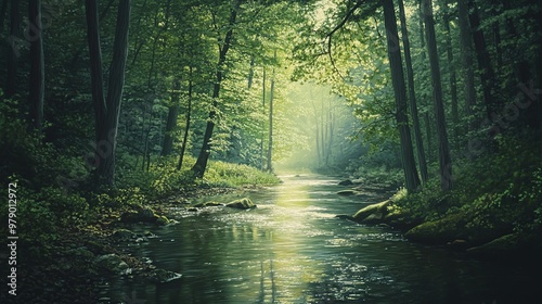 A tranquil river flows through a lush green forest, sunlight peeks through the trees.