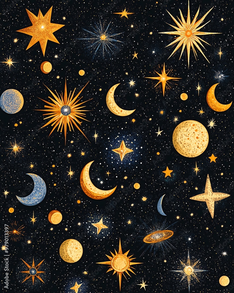 A seamless pattern of celestial bodies on a dark blue background, featuring stars, moons, planets, and a galaxy, in gold and blue tones. A seamless pattern of celestial bodies on a dark blue background, featuring stars, moons, planets, and a galaxy, in gold and blue tones.