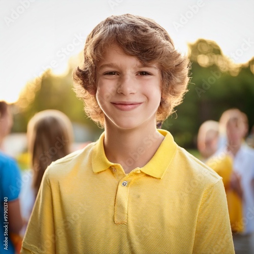 close up of Smiling teenager in a yellow shirt among friends at a summer event photo