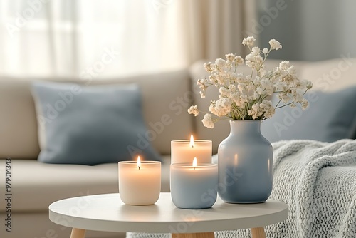 Calming Blue Candles and Flowers on Coffee Table