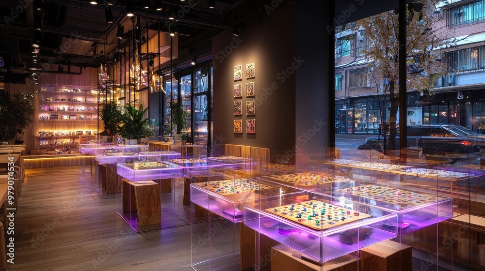 Modern Cafe Interior with Glass Top Tables and Board Games Modern Cafe Interior with Glass Top Tables and Board Games
