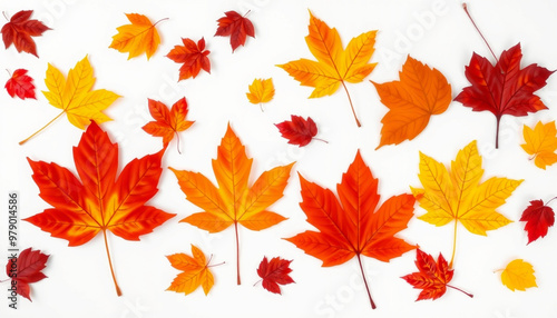 Collection of Autumn Maple Leaves in Yellow, Orange, Red, and Maroon: Isolated Cutout for Artwork Mockup Template

