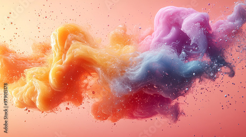 A vibrant abstract swirl of colorful smoke, blending orange, pink, and blue hues against a soft, gradient background. photo