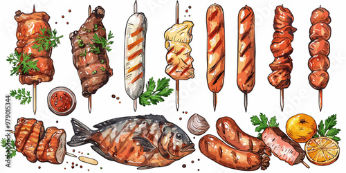 A collection of food items including fish, hot dogs, and sausages are arranged on a white background