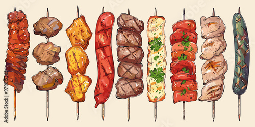 A drawing of many different types of food on skewers. The food is arranged in a way that makes it look like a buffet photo