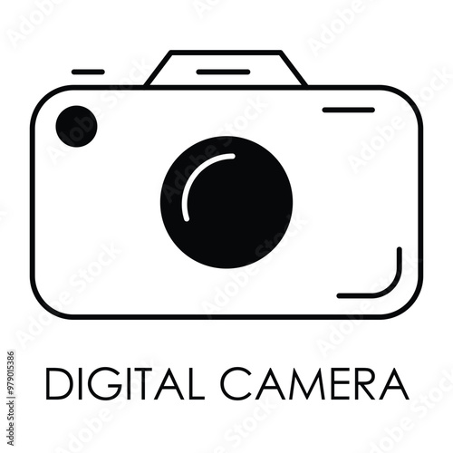 Vector icon for digital camera. Shows a compact camera with a lens, designed to capture high-quality photos and videos, ideal for modern photography.