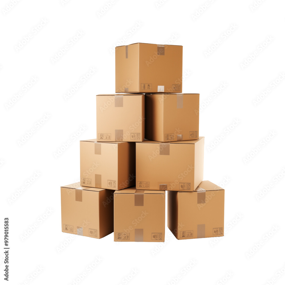 Stacks of brown cardboard boxes on a white background, ideal for ideas about storage or packaging. neutral, functional, secluded, and well organized. Generative AI Stacks of brown cardboard boxes on a white background, ideal for ideas about storage or packaging. neutral, functional, secluded, and well organized. Generative AI