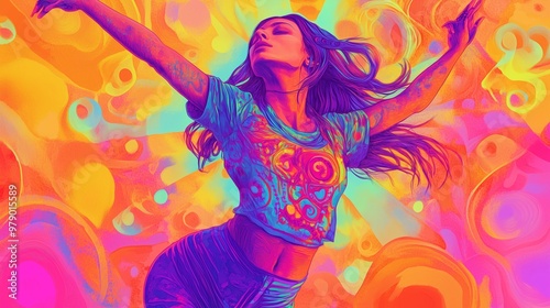 Dancing woman in vivid colours, abstract colourful illustration, psychedelic illustration, vibrant painting style