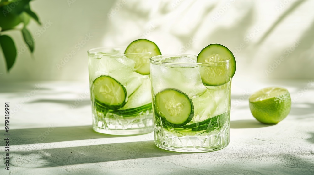 Two cucumber-lime juices on a white table, glistening with ice, perfect for summer. Refreshing treat! Two cucumber-lime juices on a white table, glistening with ice, perfect for summer. Refreshing treat!