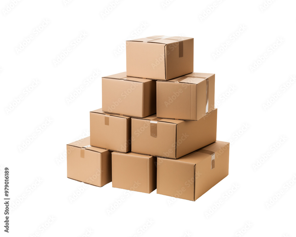 Stacks of brown cardboard boxes on a white background, ideal for ideas about storage or packaging. neutral, functional, secluded, and well organized. Generative AI Stacks of brown cardboard boxes on a white background, ideal for ideas about storage or packaging. neutral, functional, secluded, and well organized. Generative AI