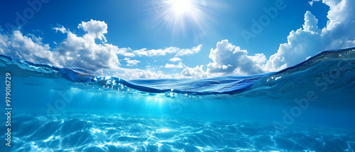 Blue sky and white clouds, water surface, underwater view of the sea with waves. photo