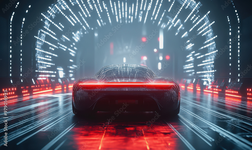 Futuristic car in neon-lit digital tunnel, glowing red lights, cyberpunk and high-tech vibes Futuristic car in neon-lit digital tunnel, glowing red lights, cyberpunk and high-tech vibes