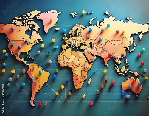 world map pinned to the wall with pushpins marking different countries photo