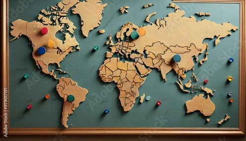 world map pinned to the wall with pushpins marking different countries photo