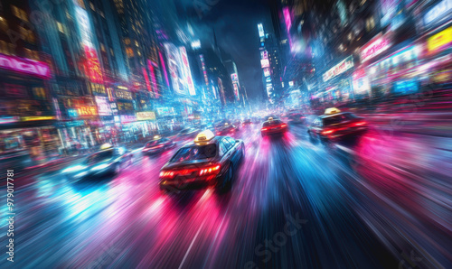 Futuristic neon-lit city, speeding taxi, motion blur, night, vibrant urban scene, cyberpunk style