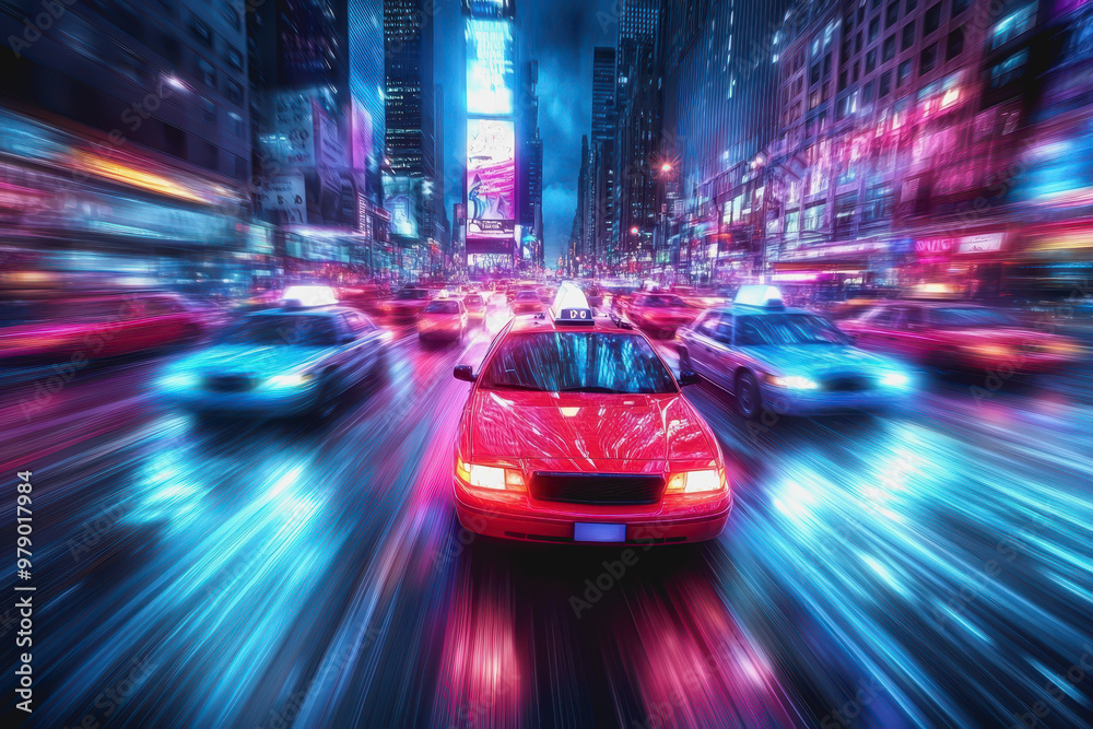 Futuristic neon-lit city, speeding taxi, motion blur, night, vibrant urban scene, cyberpunk style Futuristic neon-lit city, speeding taxi, motion blur, night, vibrant urban scene, cyberpunk style
