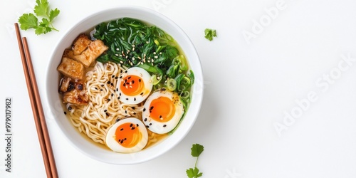 Hot bowl of omakase miso soup with noodles and tofu suspended in rich broth on white background and copy space. Japanese ramen soup with enoki mushrooms, wakame seaweed and tofu, vegan Asian food.