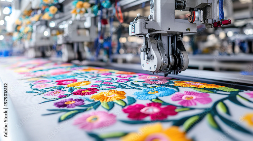 Embroidery machine with colorful pattern on fabric Embroidery machine with colorful pattern on fabric