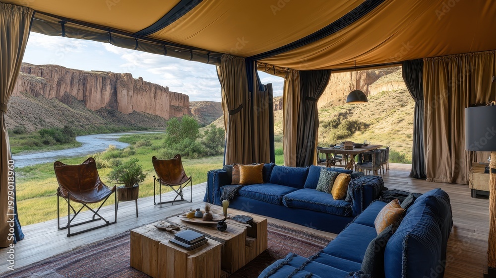 Fototapeta premium A luxurious tented living space with scenic views of cliffs and a river.
