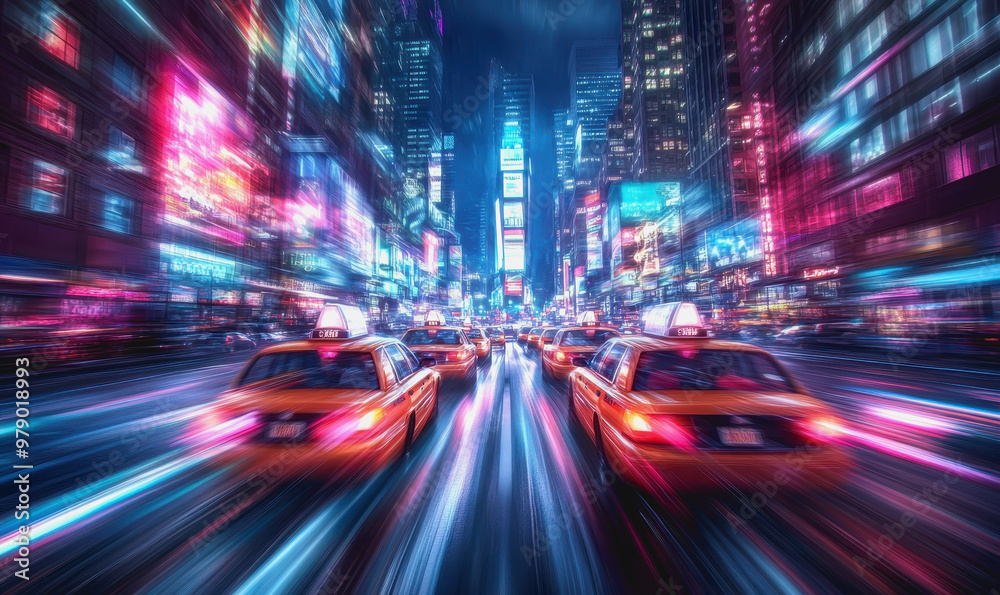 Futuristic neon-lit city, speeding taxi, motion blur, night, vibrant urban scene, cyberpunk style Futuristic neon-lit city, speeding taxi, motion blur, night, vibrant urban scene, cyberpunk style