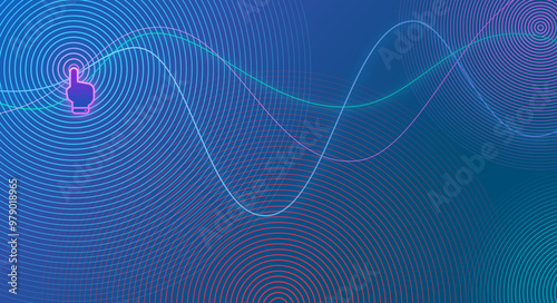 Neon modern abstract colourful green, blue, turquoise, pink thin concentrical lines, rings and circles, gradient background with geometric pattern. Biometric fingerprint edge technology vector