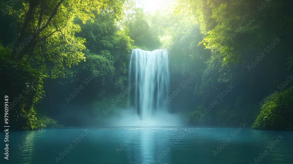 A towering waterfall plunging into a tranquil, crystal-clear pool, surrounded by dense, lush jungle. Mist rises gently as sunlight filters through the trees A towering waterfall plunging into a tranquil, crystal-clear pool, surrounded by dense, lush jungle. Mist rises gently as sunlight filters through the trees
