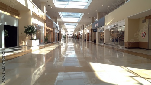 Empty Corridor in Modern Shopping Mall, Closed Stores, Shiny Floors Reflecting Minimalist Interior