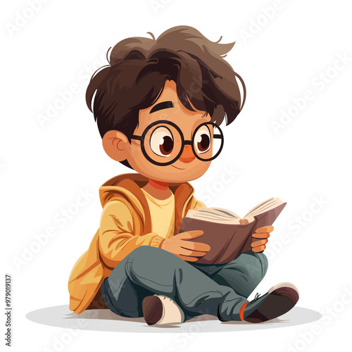 A young boy is sitting on the floor reading a book. He is wearing glasses and a yellow jacket. Concept of relaxation and leisure, as the boy is enjoying his time reading